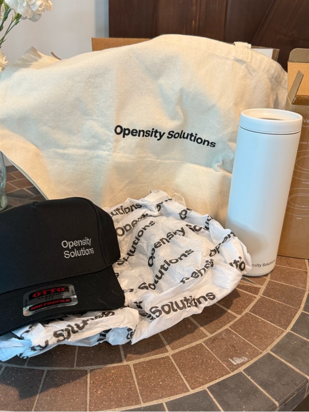 Black Logo Cap, Canvas Tote Bag, White Tumbler Bundle